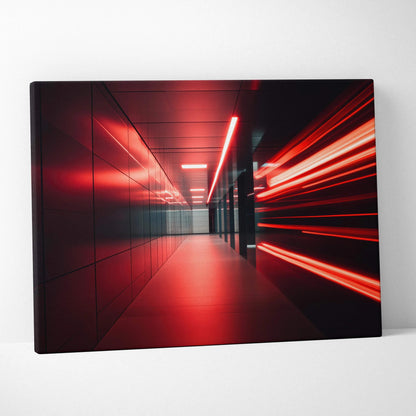 Abstract red and black digital art on canvas with dynamic light streaks, modern wall art decor.