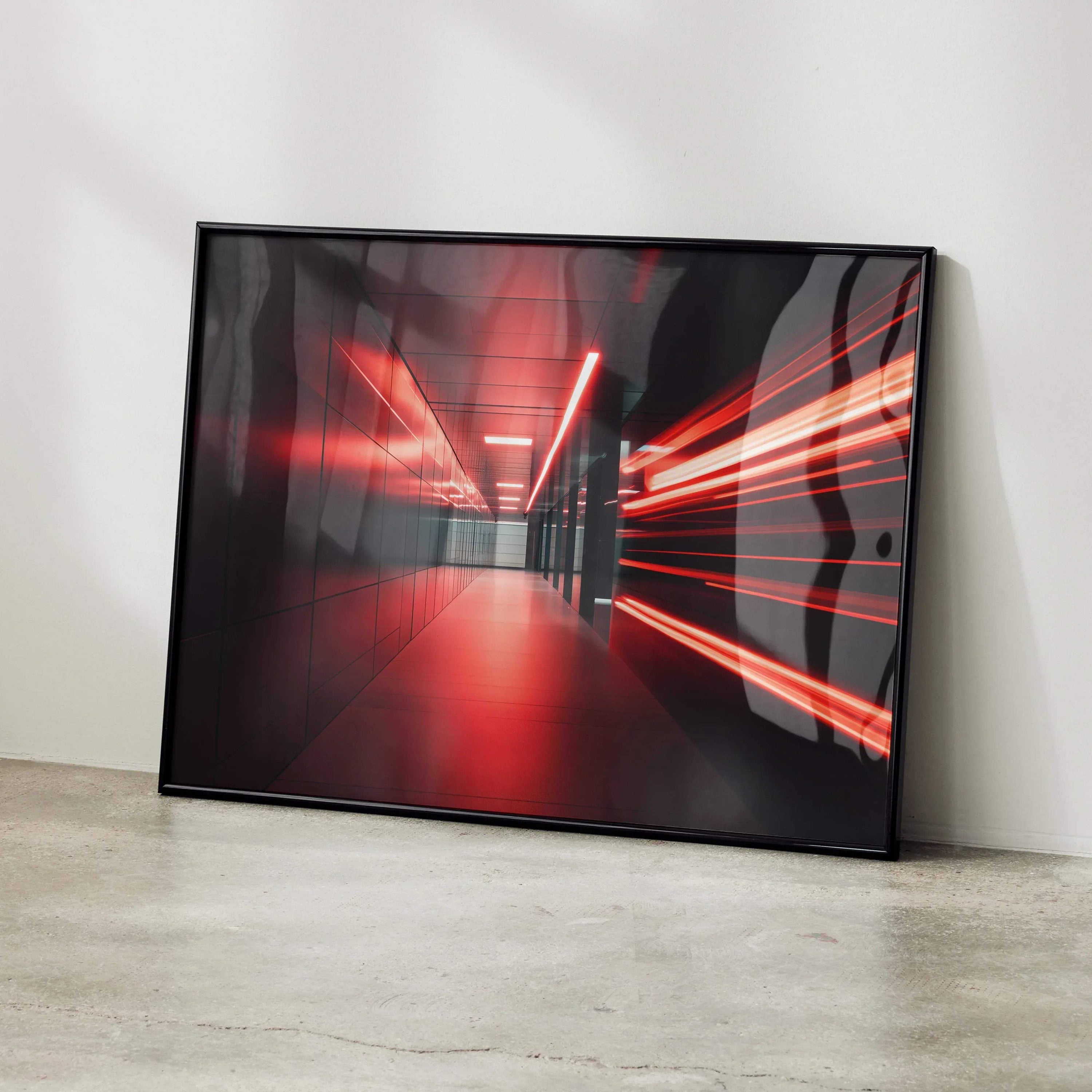 Abstract digital art wall art poster featuring glowing red and black geometric light trails in a modern hallway setting.