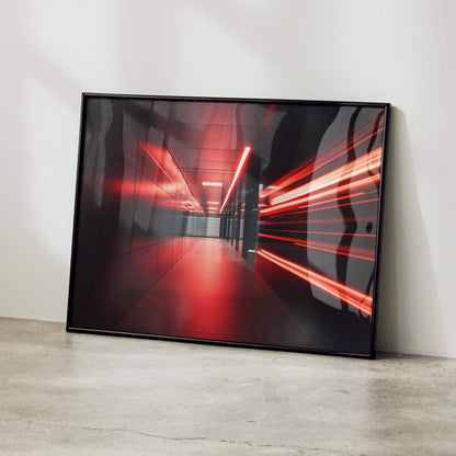 Abstract digital art wall art poster featuring glowing red and black geometric light trails in a modern hallway setting.