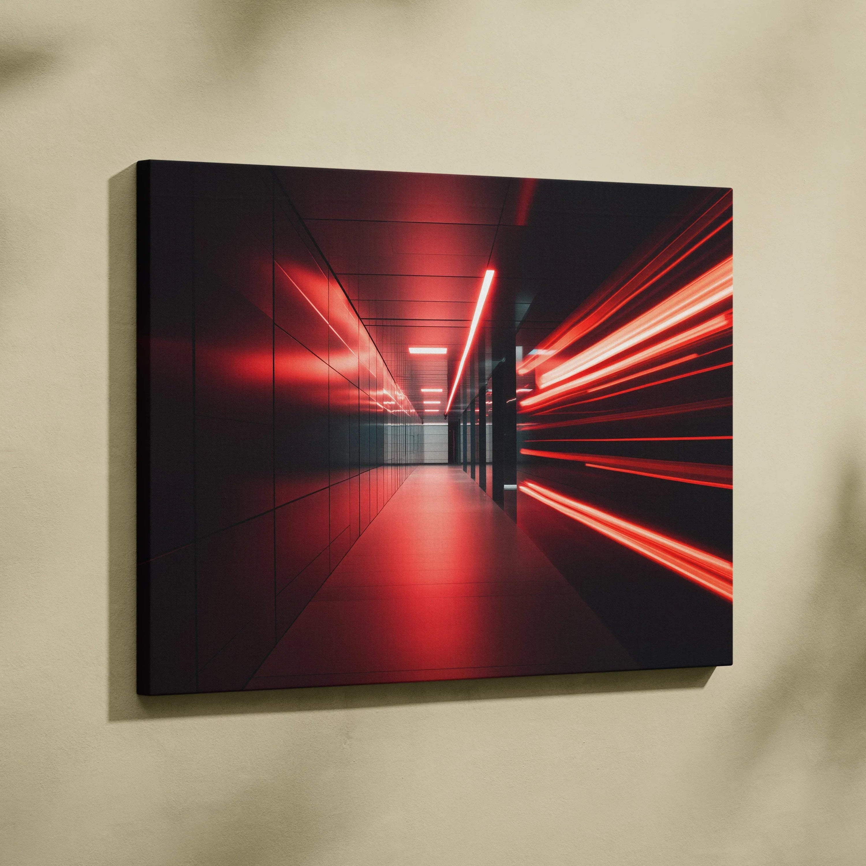 Abstract digital art canvas wall decor with dynamic red and black light streaks.