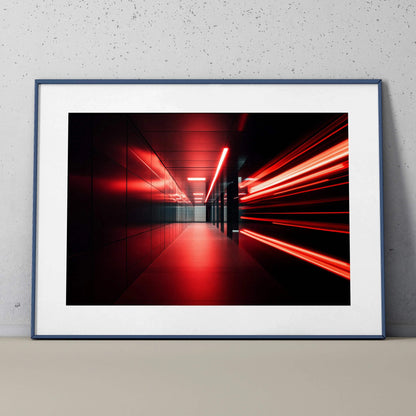 Abstract digital art poster featuring red and black light streaks in a futuristic corridor wall art print.