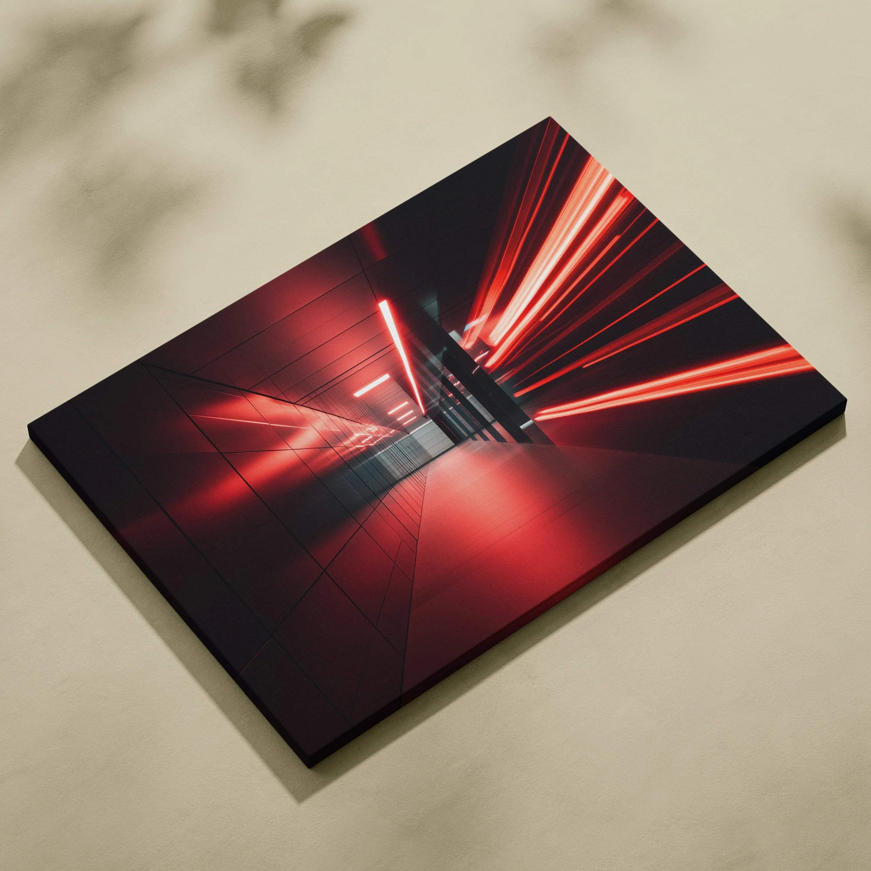 Abstract red and black digital art on canvas print wall art with dynamic light streaks.