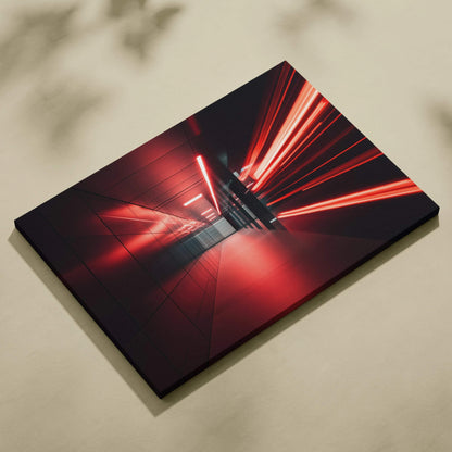 Abstract red and black digital art on canvas print wall art with dynamic light streaks.