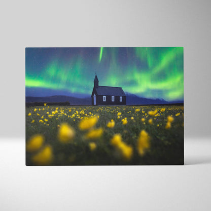 Nocturnal Vision aurora borealis over wooden church in wildflower field canvas art