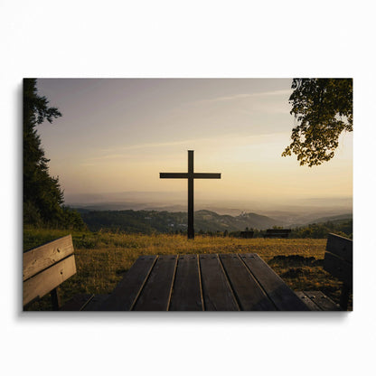 Inspirational faith wall art poster featuring a silhouetted cross at sunset with scenic landscape background.
