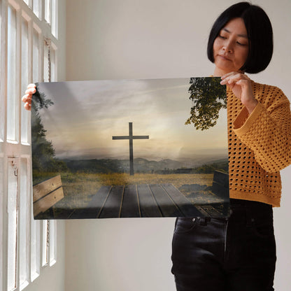 Inspirational faith wall art poster featuring a wooden cross at sunrise over a peaceful landscape.