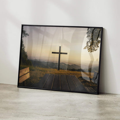 Inspirational faith art poster with wooden cross at sunset on outdoor hilltop, framed wall art.