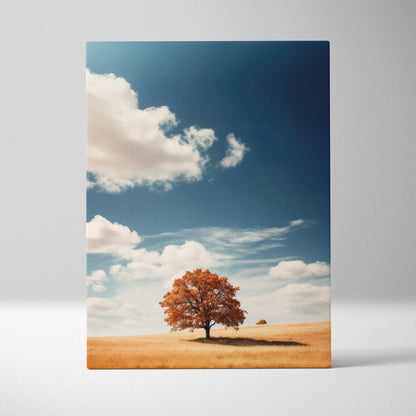 Canvas wall art featuring a vibrant autumn tree in a golden field under a deep blue sky with clouds.