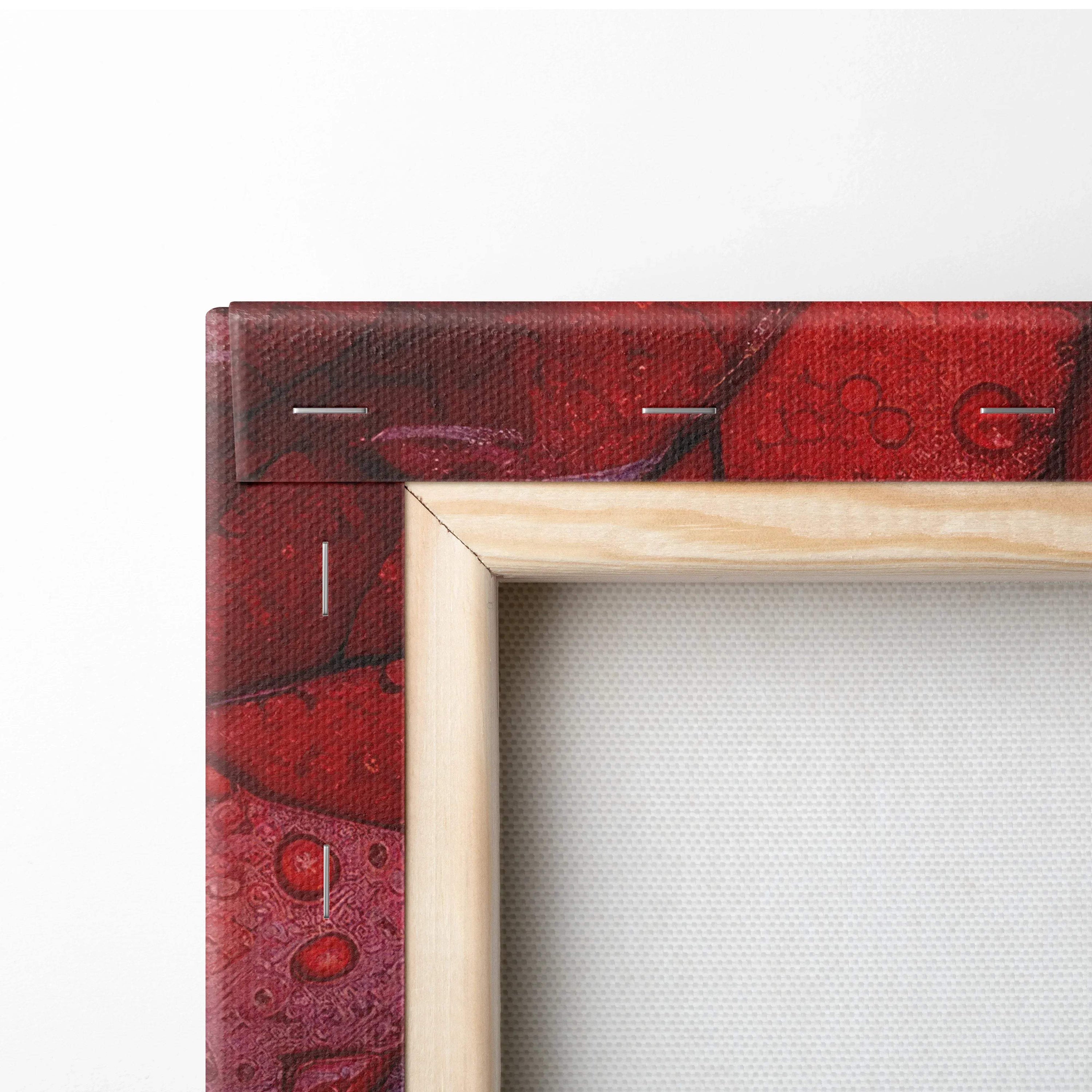 Autumn leaves digital art canvas wall art with vibrant red and orange tones, natural wood frame.