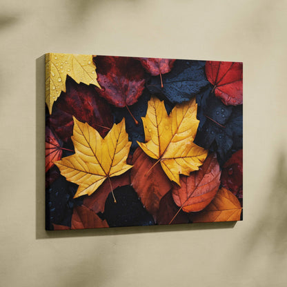 Canvas wall art featuring vibrant red, orange, and gold autumn leaves with dark background.