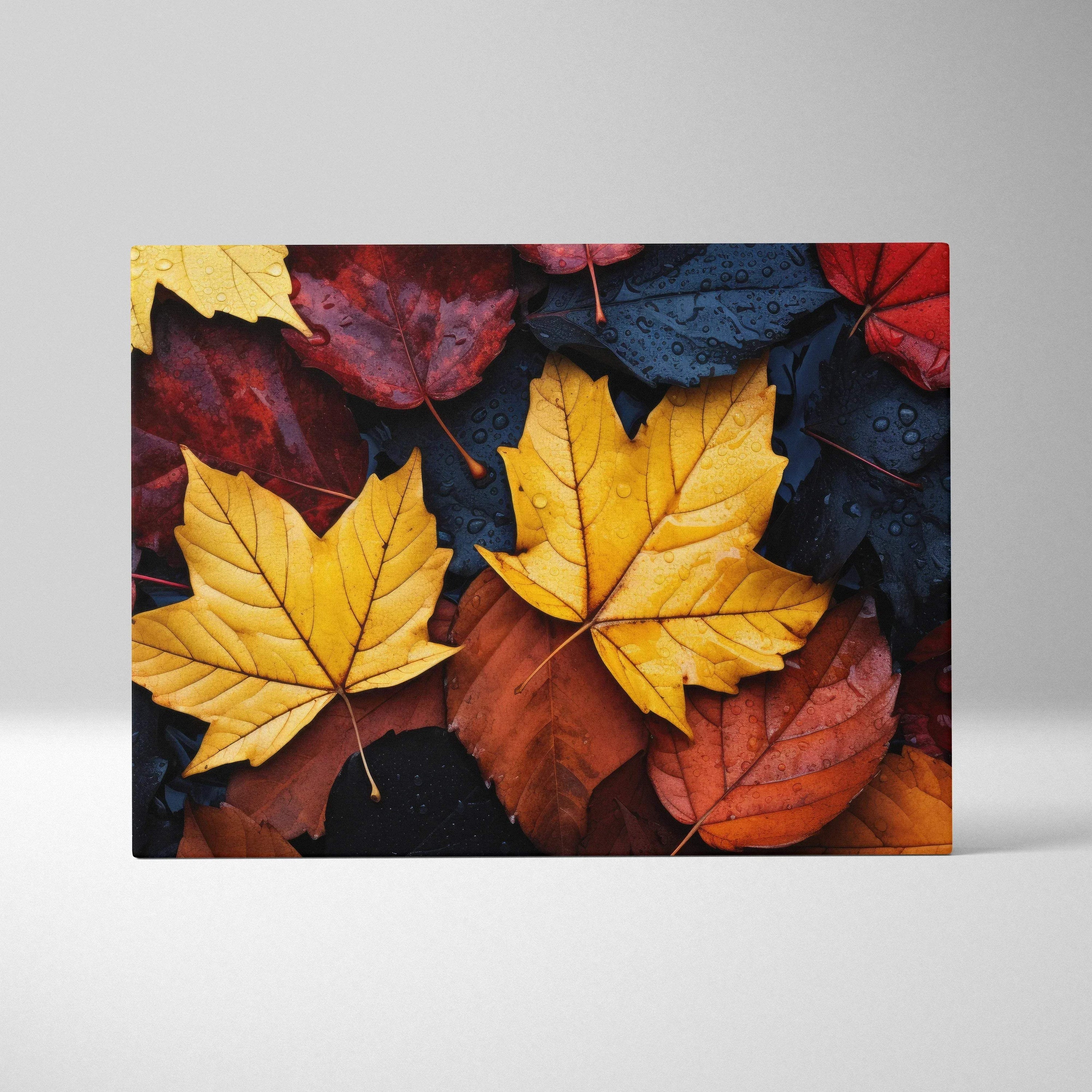 Canvas wall art featuring vibrant autumn leaves in red, orange, and gold tones.