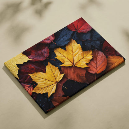 Canvas art featuring vibrant autumn leaves in rich reds, oranges, golds, and deep purples for stunning wall art.
