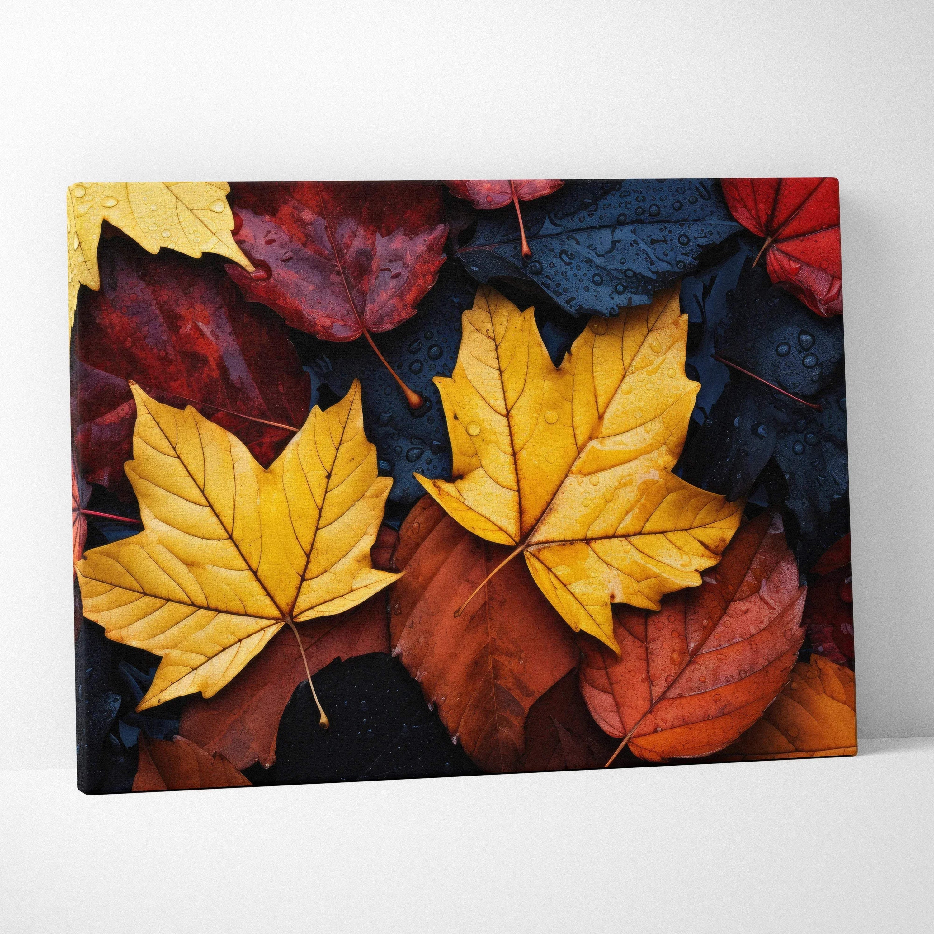 Canvas wall art featuring vibrant red, orange, and gold autumn leaves in digital nature art style.