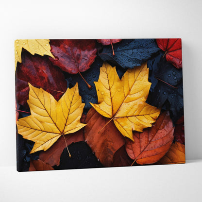 Canvas wall art featuring vibrant red, orange, and gold autumn leaves in digital nature art style.