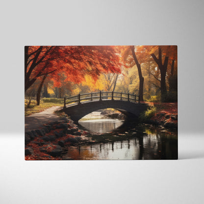 Canvas art featuring vibrant autumn foliage and a serene forest scene with a stone bridge over calm water.