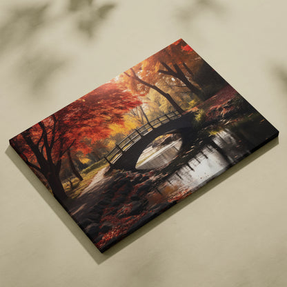 Autumn foliage canvas art with vibrant red and orange trees over serene forest stream and wooden bridge wall art.