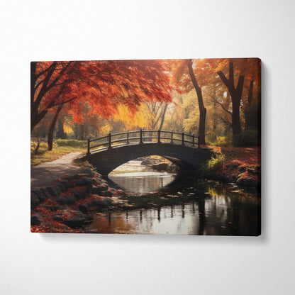 Autumn foliage canvas art with vibrant fall colors and stone bridge over reflective stream wall art.