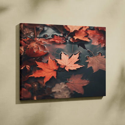 Canvas art featuring vibrant golden and red autumn leaves floating on dark water, autumn wall art.