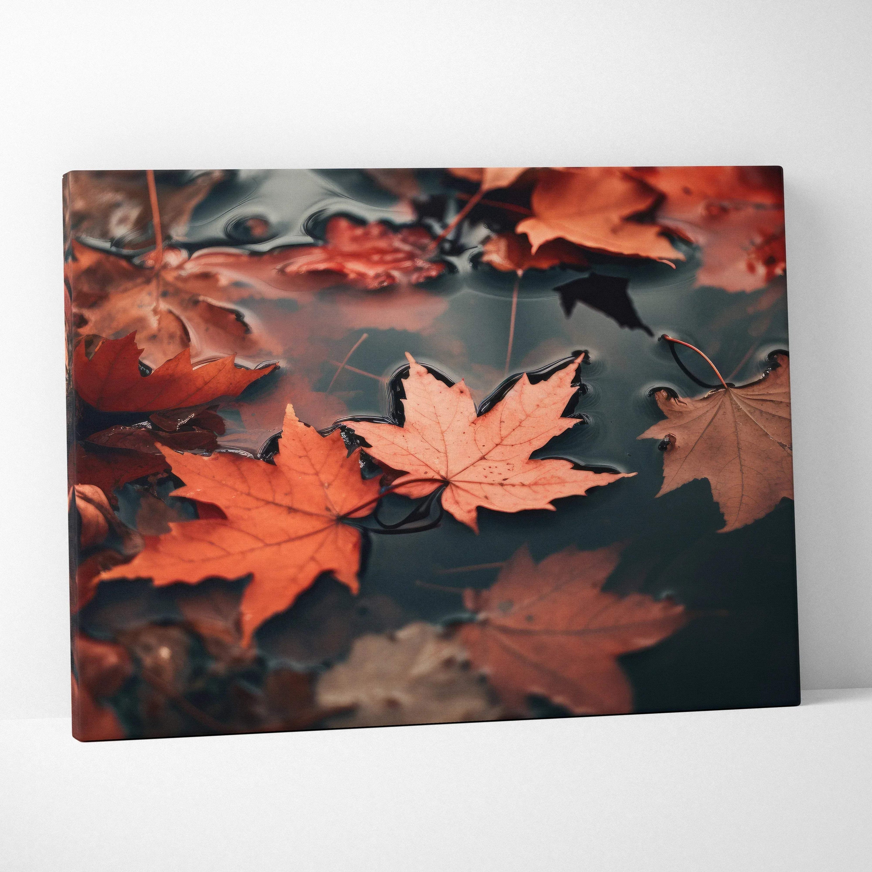 Autumn leaves floating on dark water vibrant fall nature canvas wall art print.