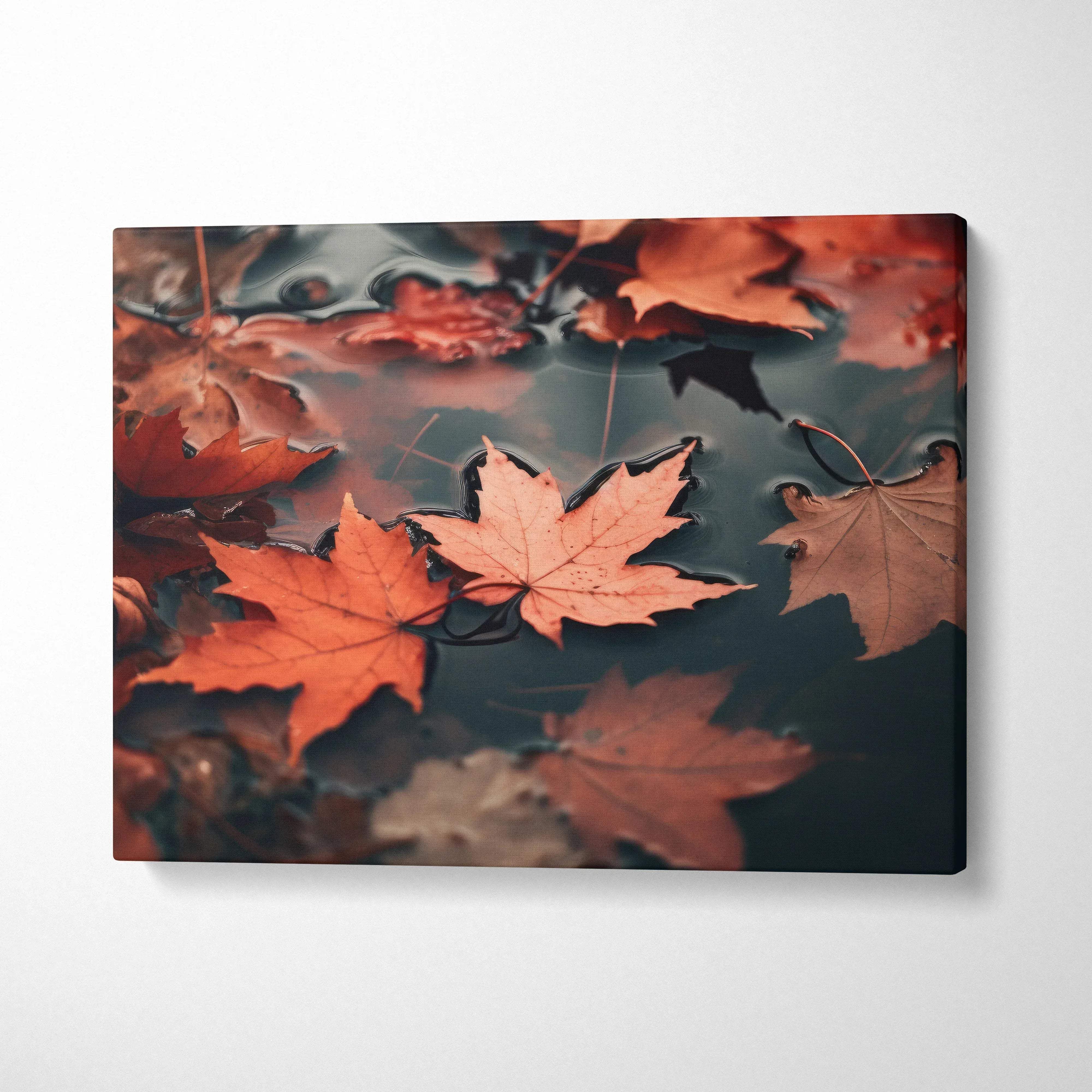 Autumn leaves floating on water in warm tones on vibrant fall nature canvas wall art.
