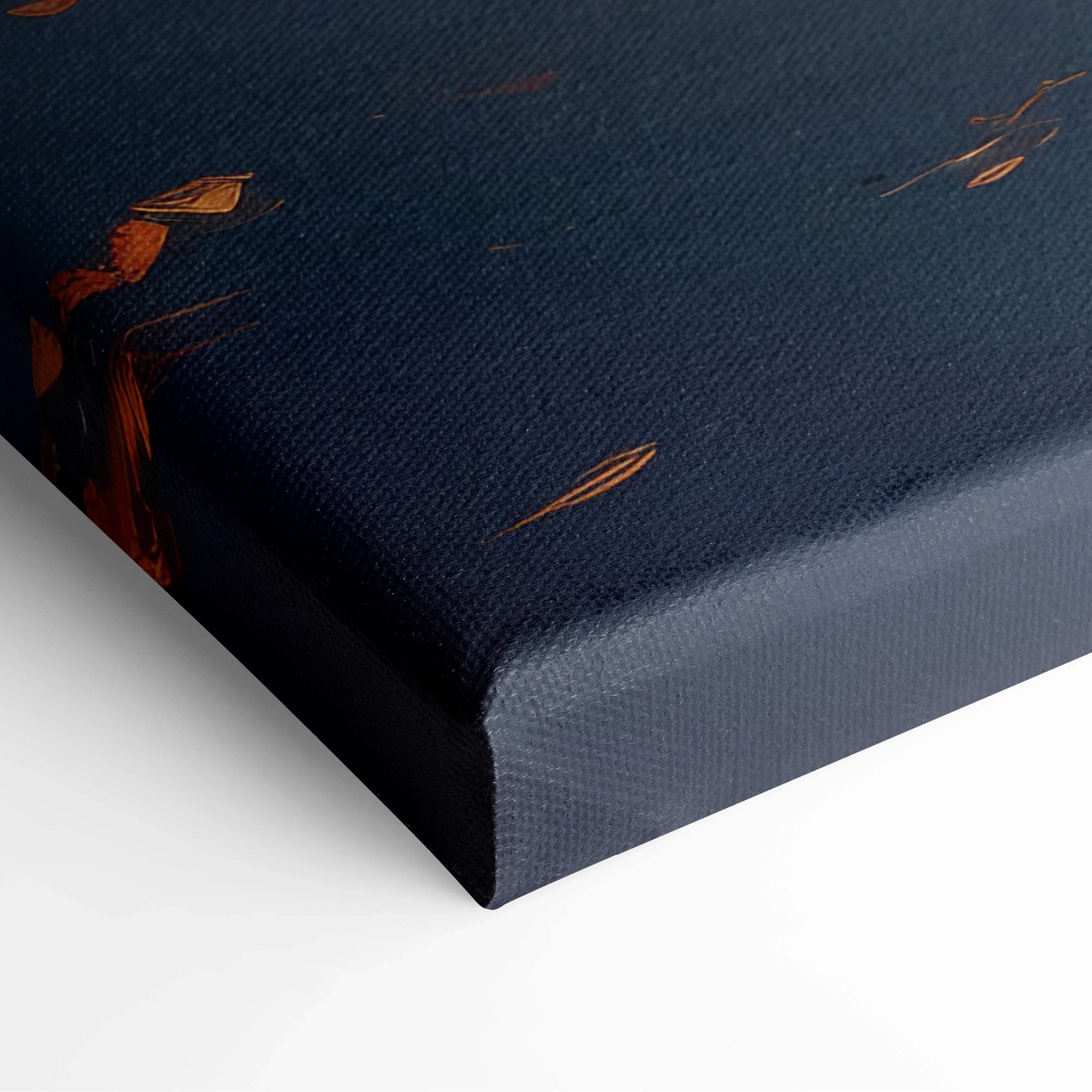 Close-up of navy blue canvas art corner with textured fabric and subtle orange leaf details, wall art print.