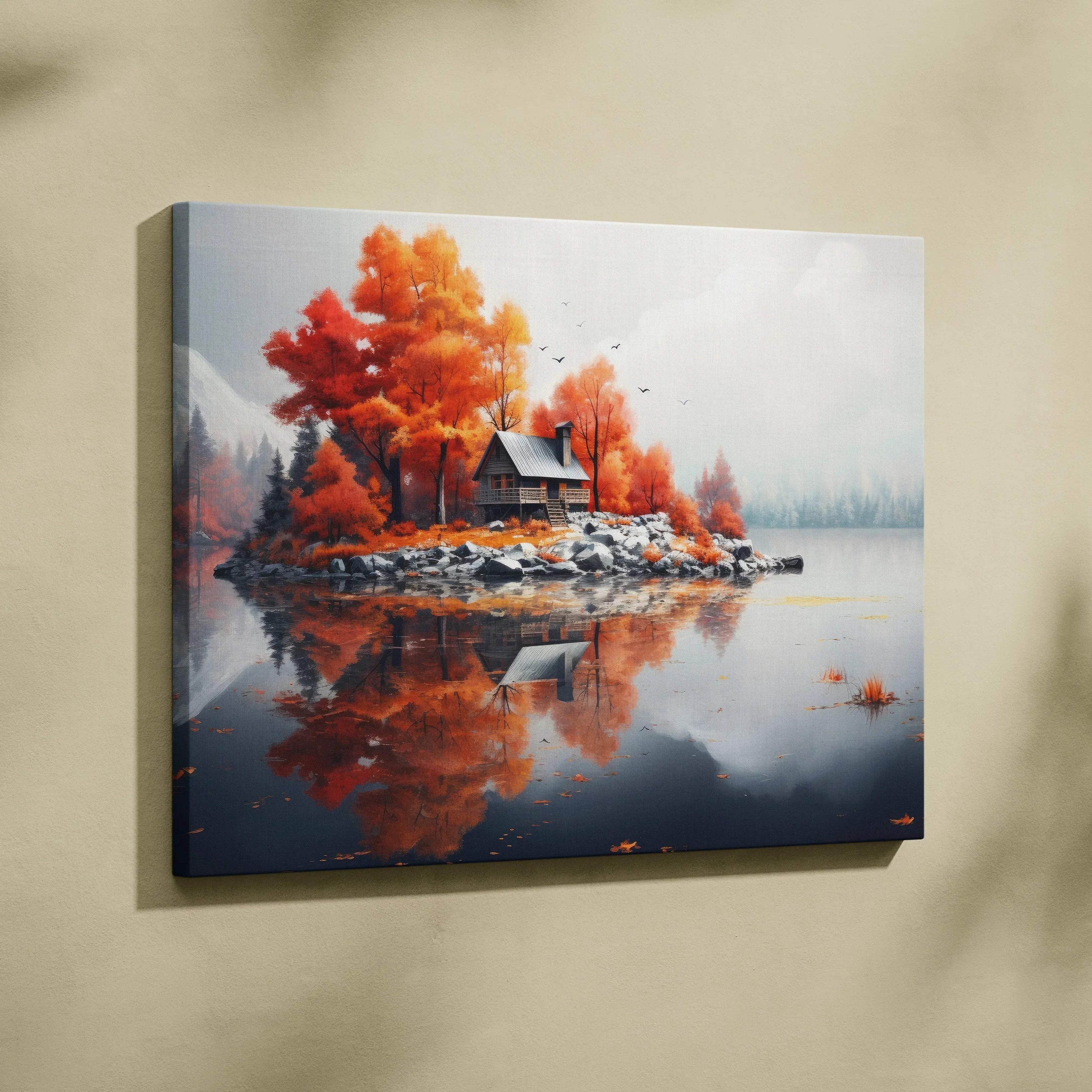 Autumn nature canvas art with vibrant red and orange trees, cabin, and lake reflection wall art.