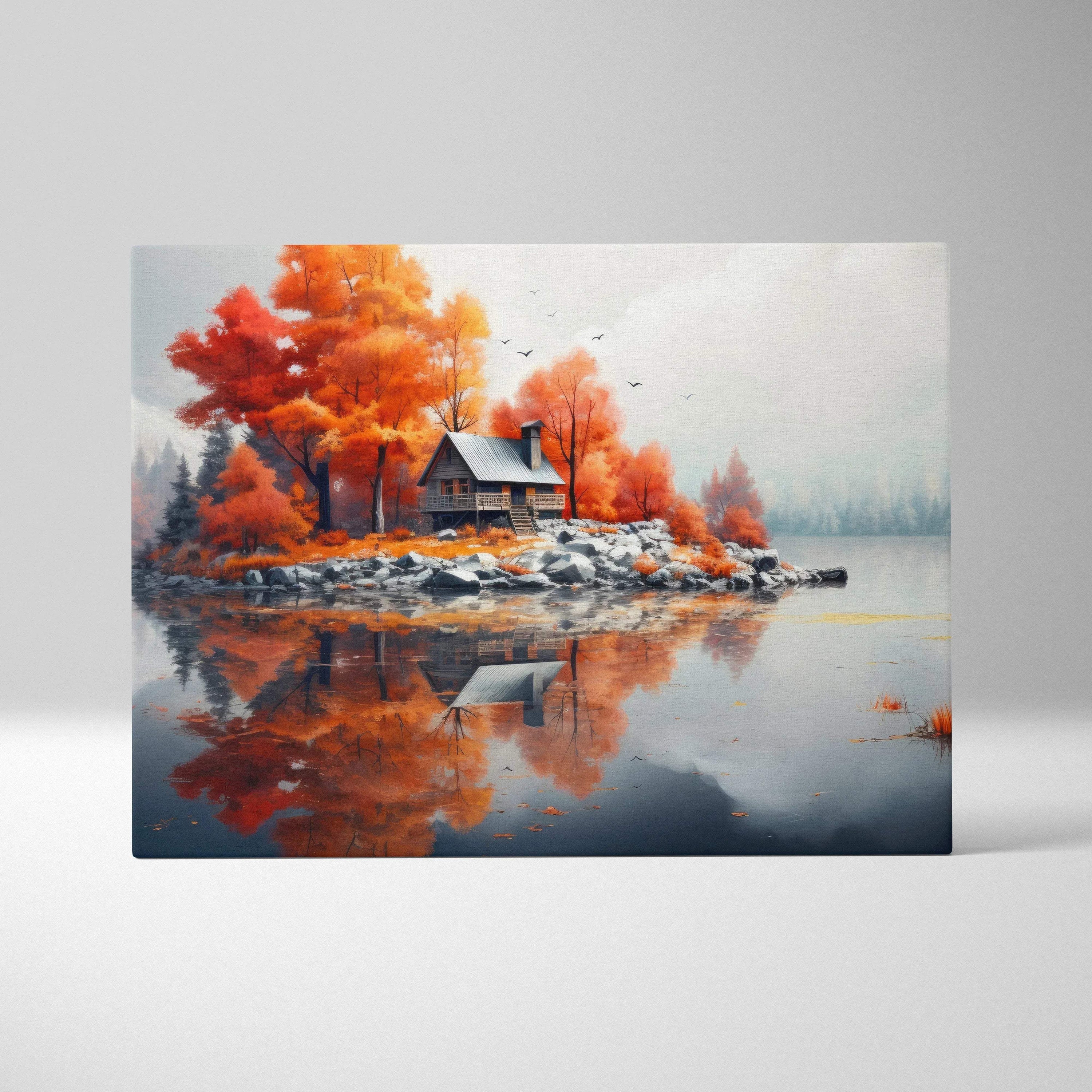 Autumn nature canvas art with vibrant orange trees and a cabin reflected in calm lake water.