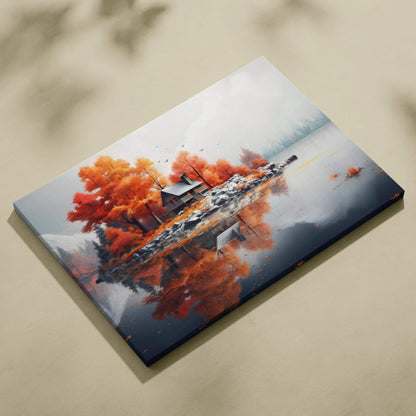 Autumn nature canvas art with vibrant orange trees and serene water reflection wall art.