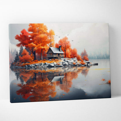 Autumn nature digital art canvas wall art with vibrant orange trees and lakeside cabin reflection.