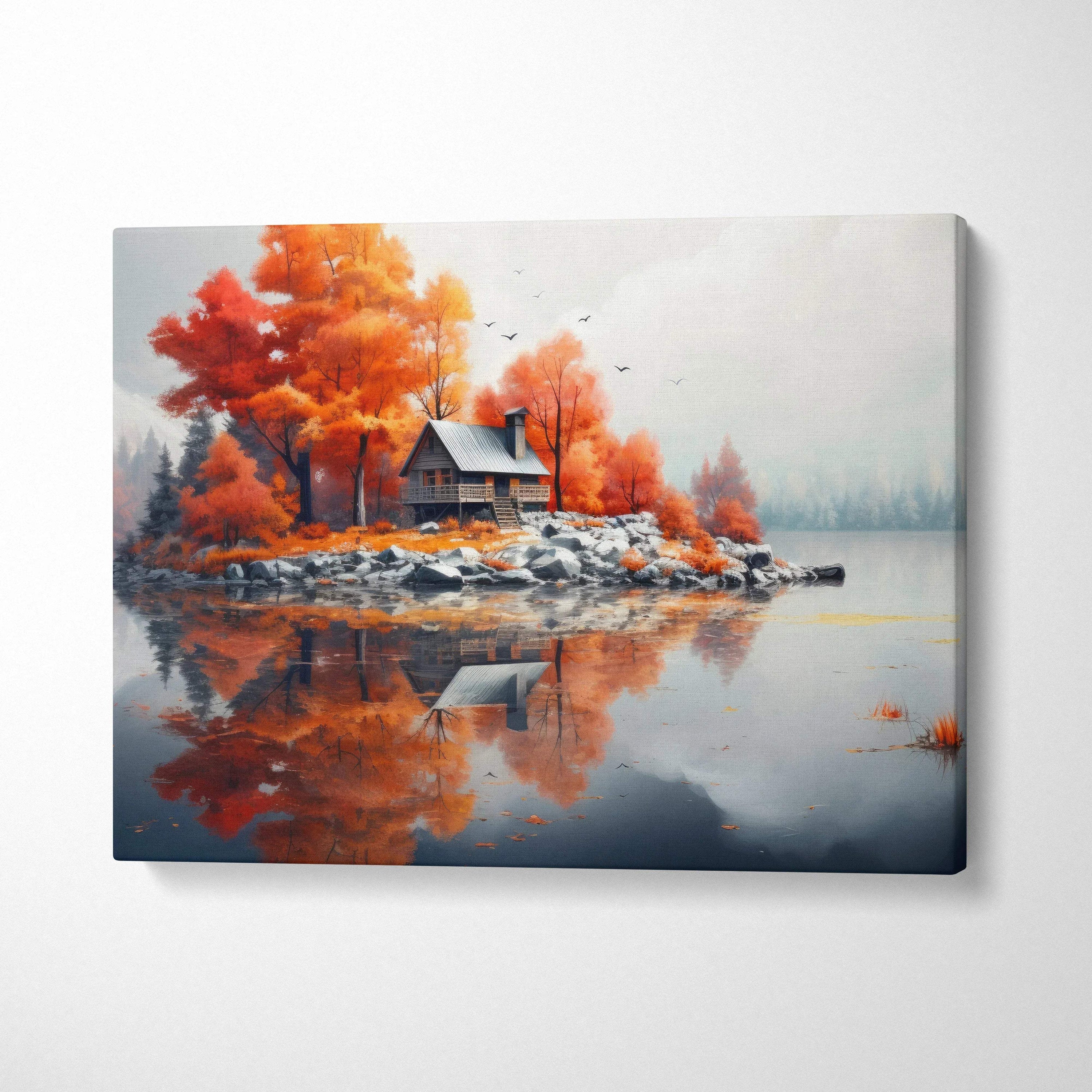 Autumn nature canvas art with vibrant orange trees, cabin, and lake reflection wall art.