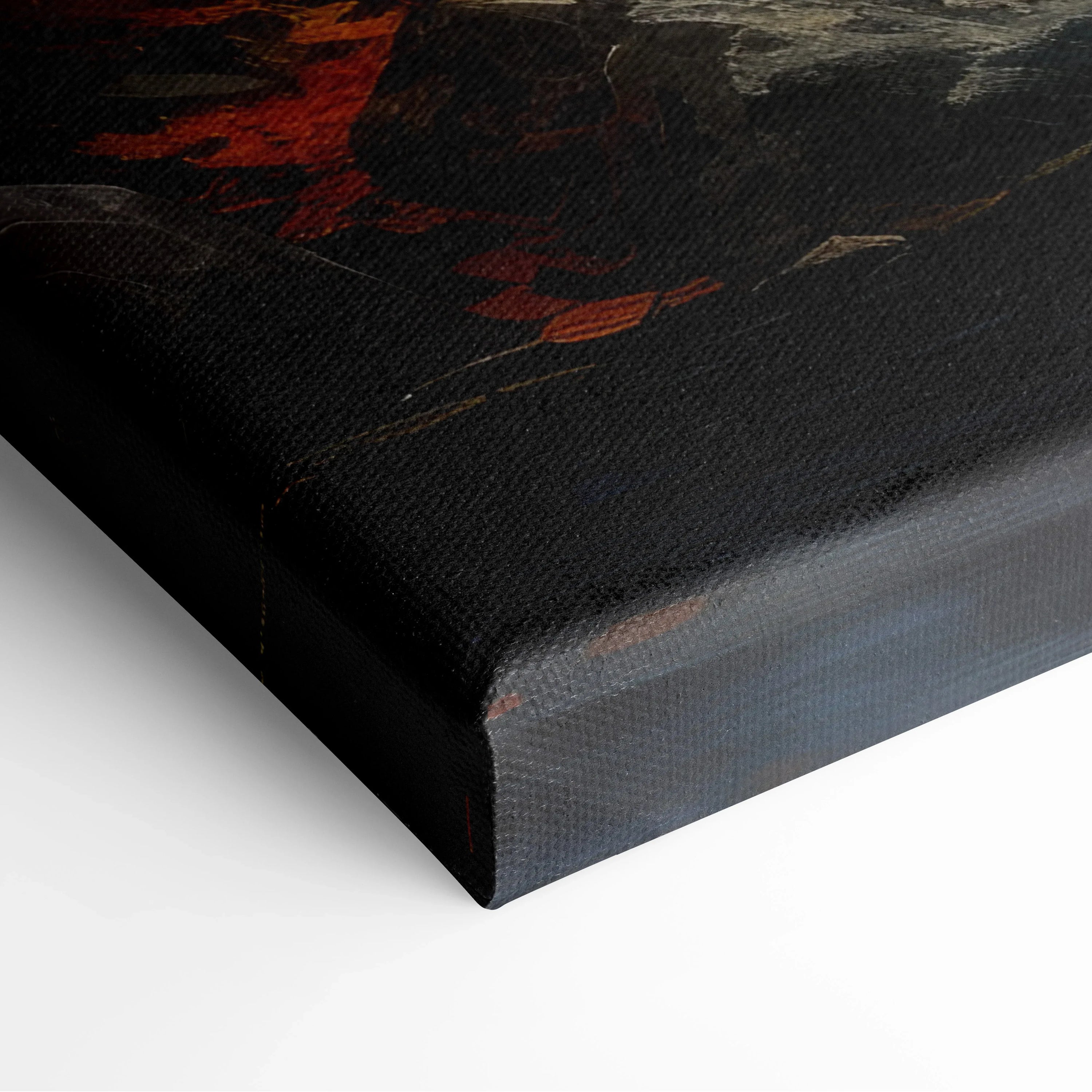 Close-up of autumn forest watercolor canvas wall art with rich orange and brown tones on textured canvas.