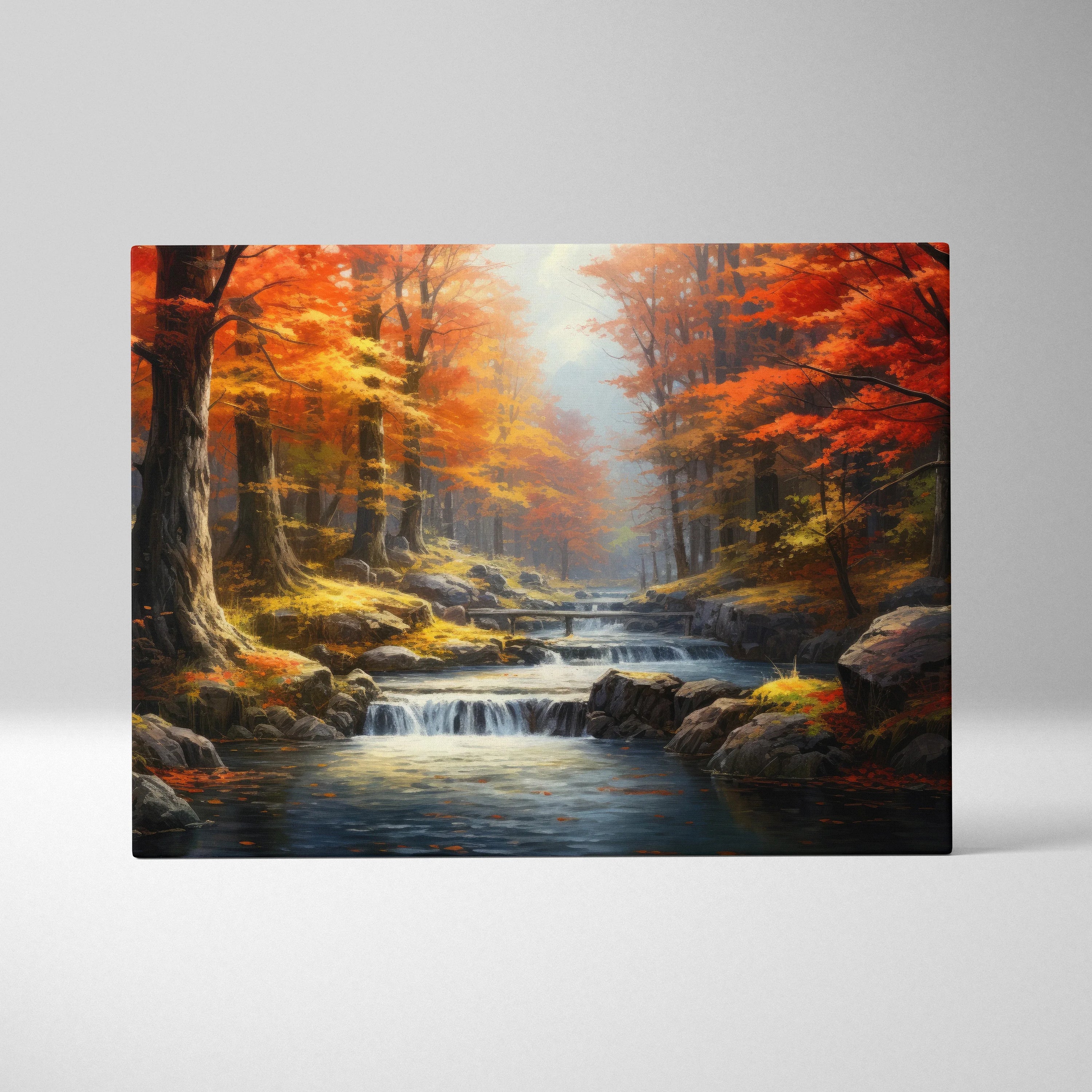 Autumn forest canvas wall art with vibrant orange trees and a gentle stream in watercolor style.