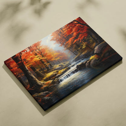 Autumn forest watercolor scene on canvas wall art with vibrant orange trees and a flowing stream.