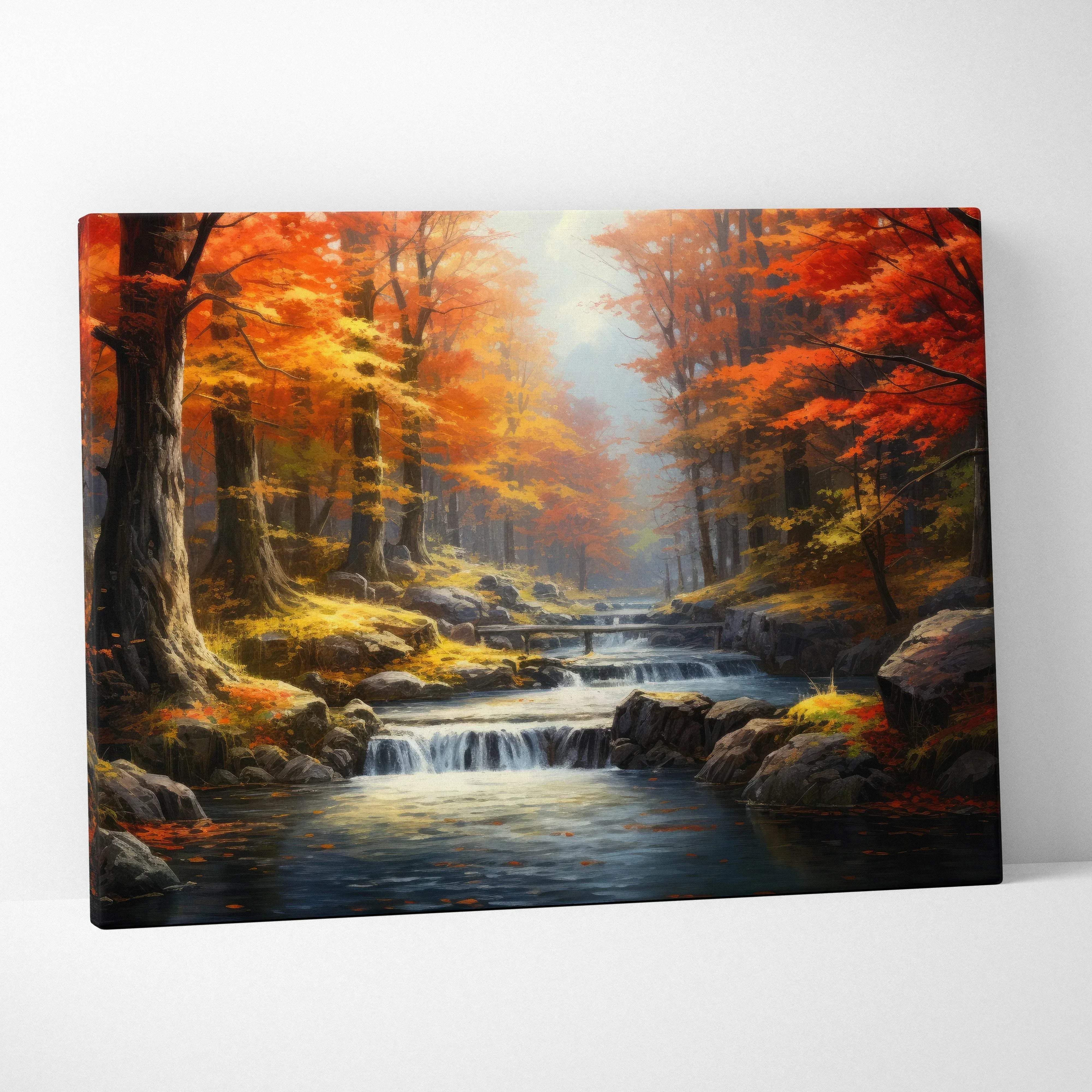 Watercolor autumn forest landscape canvas wall art with vibrant orange and red foliage and a winding stream under sunlight