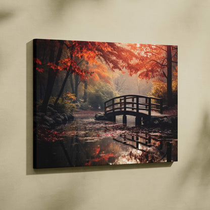 Autumn-themed canvas wall art featuring vibrant fall foliage and a wooden bridge over a serene forest stream.