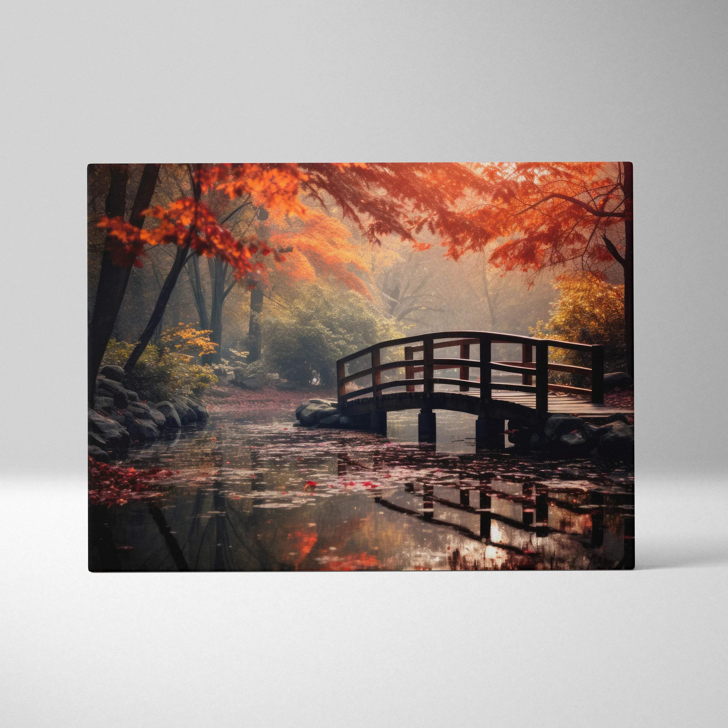 Autumn-themed canvas wall art featuring vibrant fall foliage and a wooden bridge over a serene forest stream.