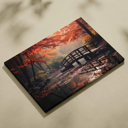 Autumn canvas wall art featuring vibrant fall foliage and a serene forest path with wooden bridge.