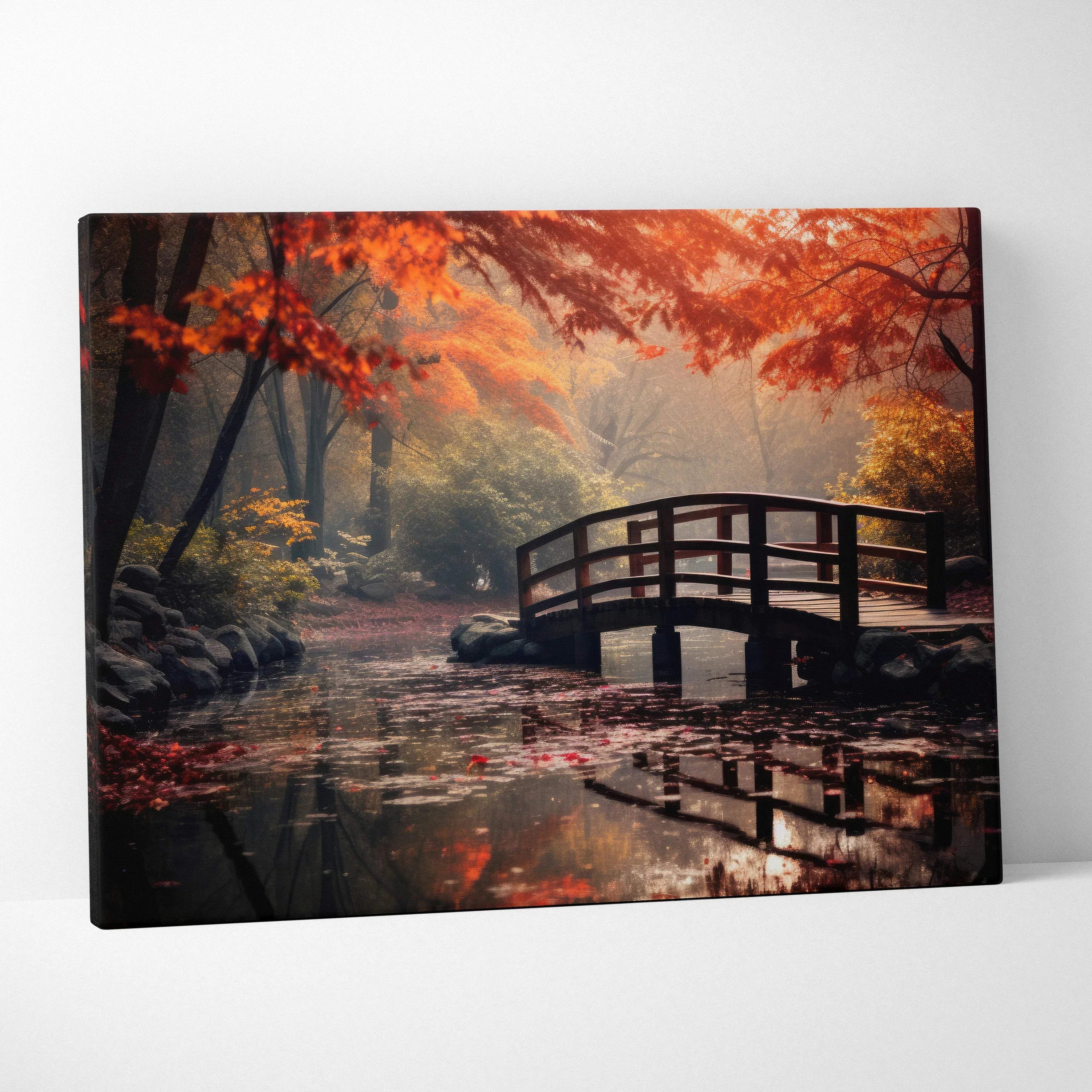 Autumn-themed canvas wall art featuring vibrant fall foliage and a wooden bridge over a serene forest pond.