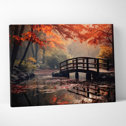 Autumn-themed canvas wall art featuring vibrant fall foliage and a wooden bridge over a serene forest pond.