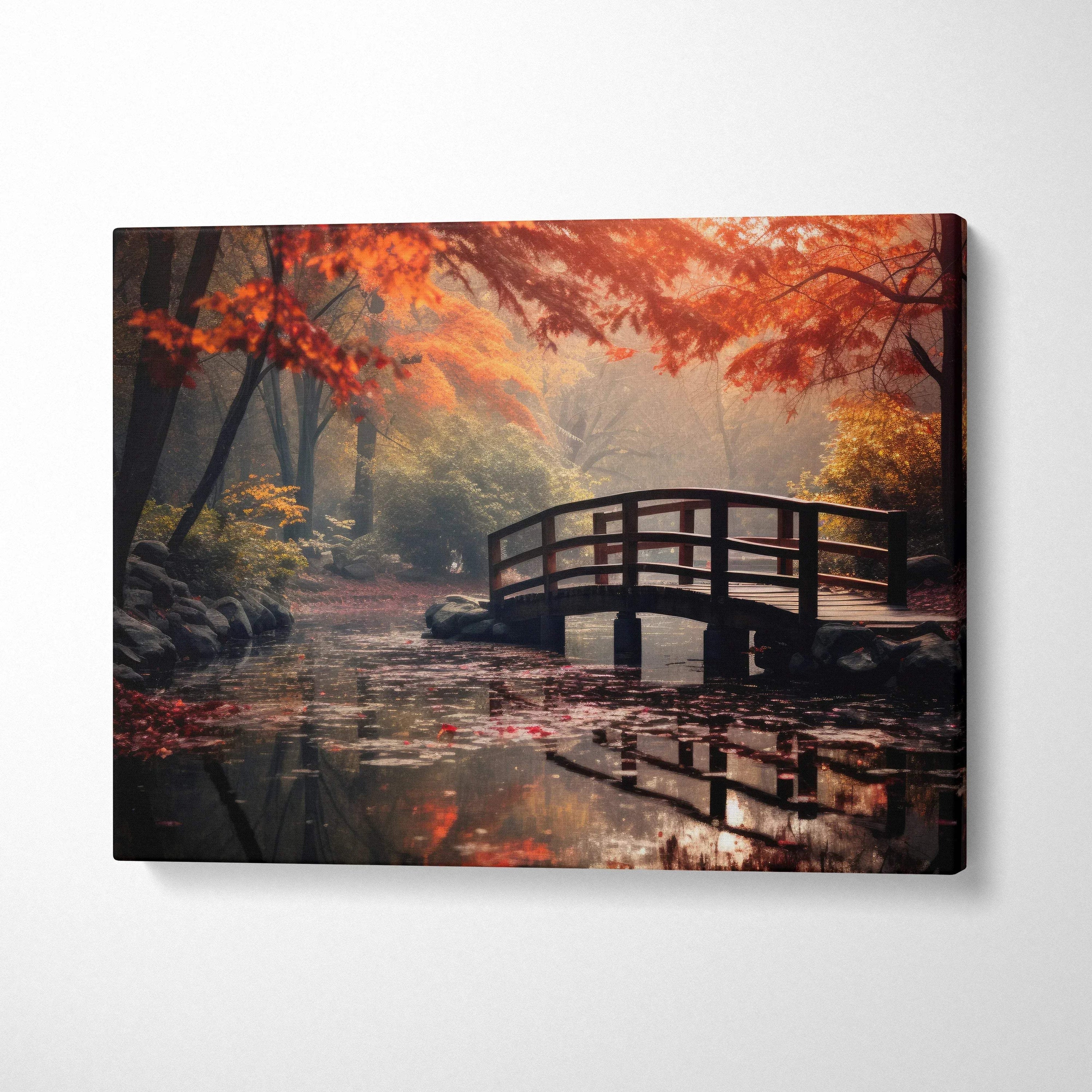 Autumn-themed canvas wall art with vibrant fall foliage and a wooden bridge over calm water.