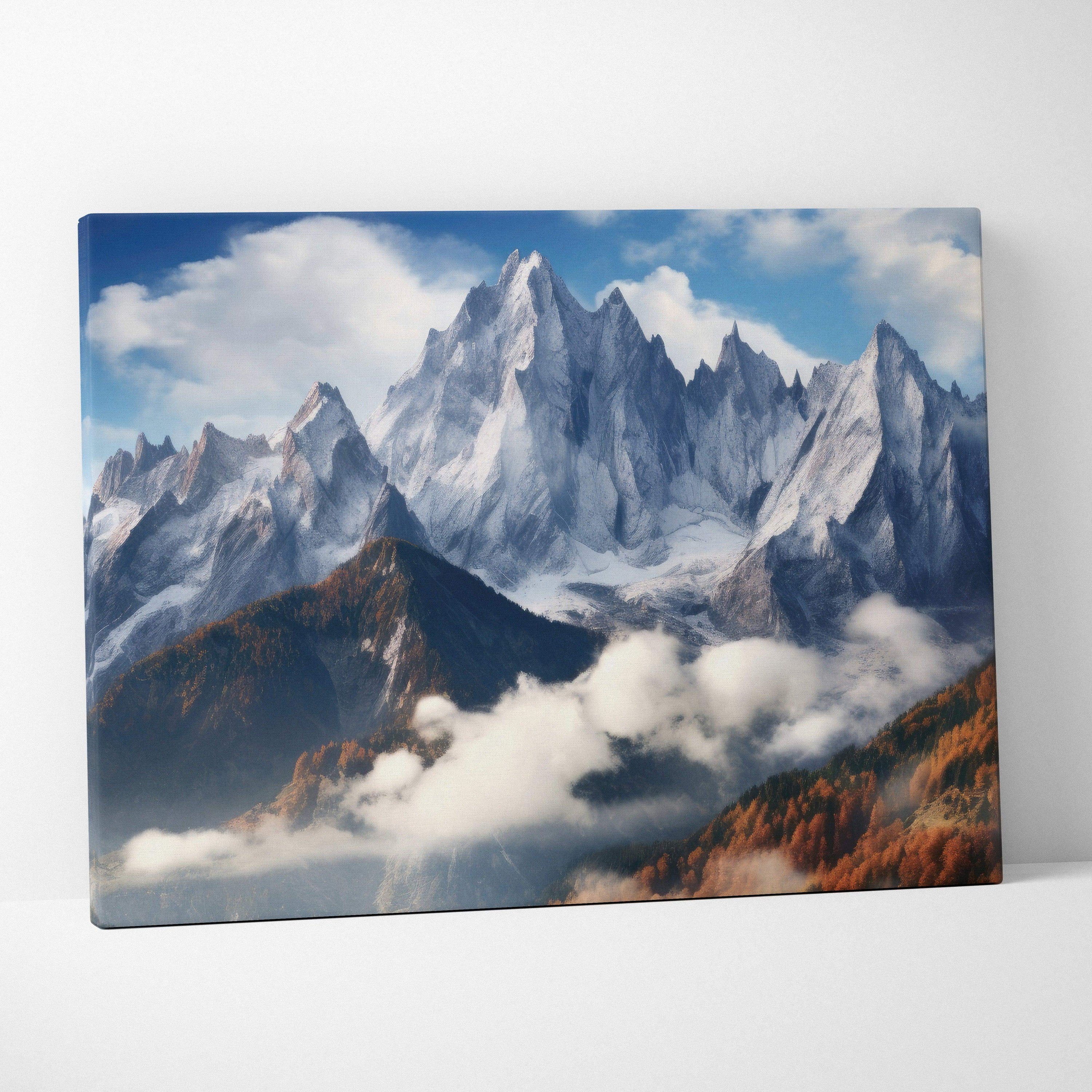 Photorealistic canvas print of snowy mountain peaks and autumn valleys