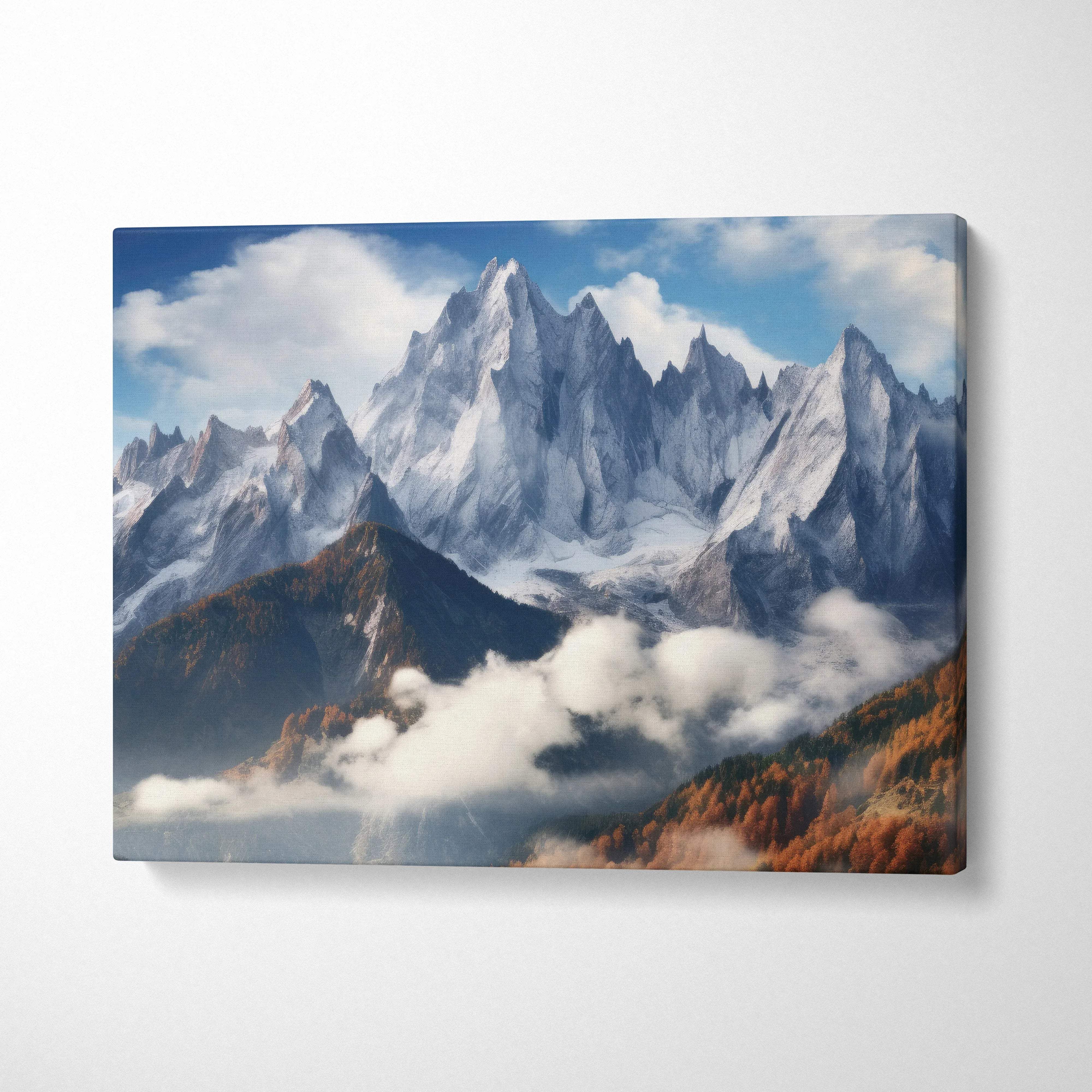 Canvas wall art of photorealistic snowy mountain peaks over autumn valleys