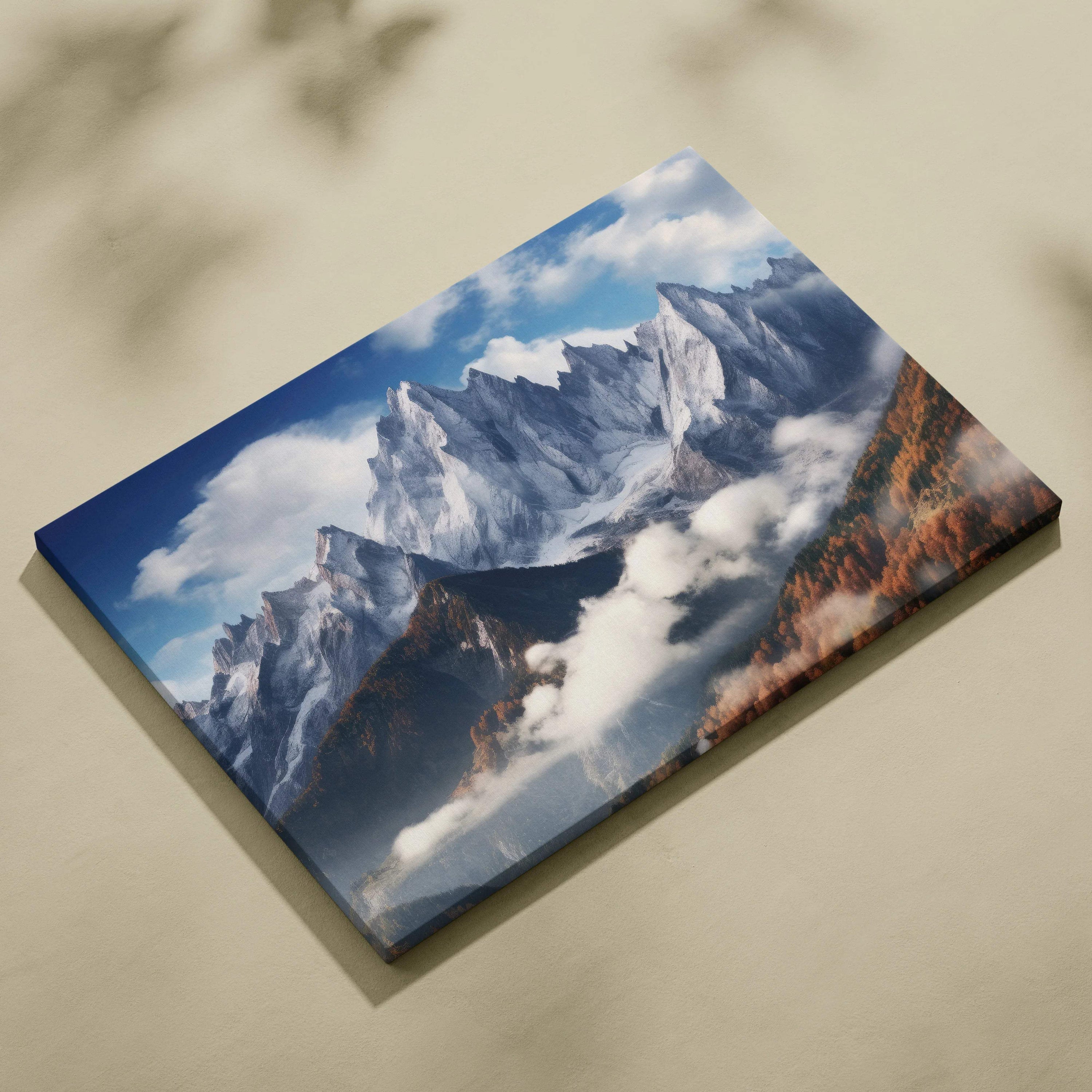 Photorealistic canvas print of snowy mountain peaks, cool blues, autumn valleys