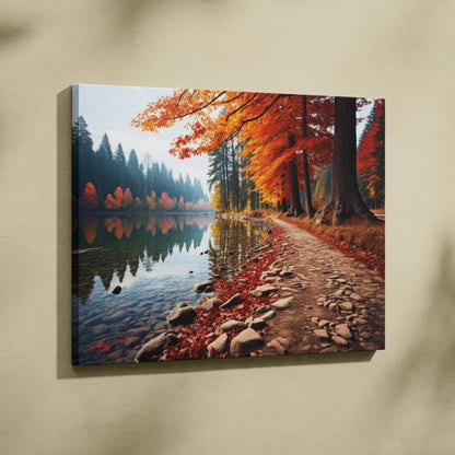 Autumn nature canvas wall art featuring vibrant red, orange, and gold leaves by a calm lake path.