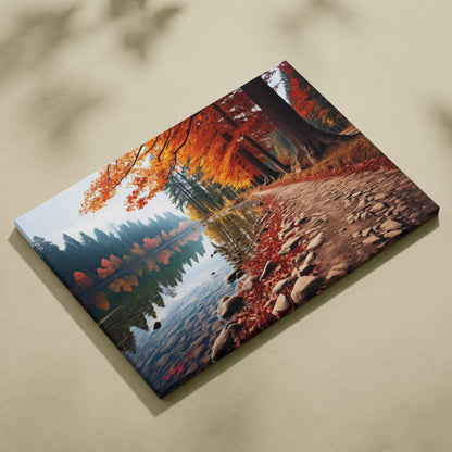 Autumn nature canvas wall art with vibrant red, orange, and gold leaves along a forest path by a lake.