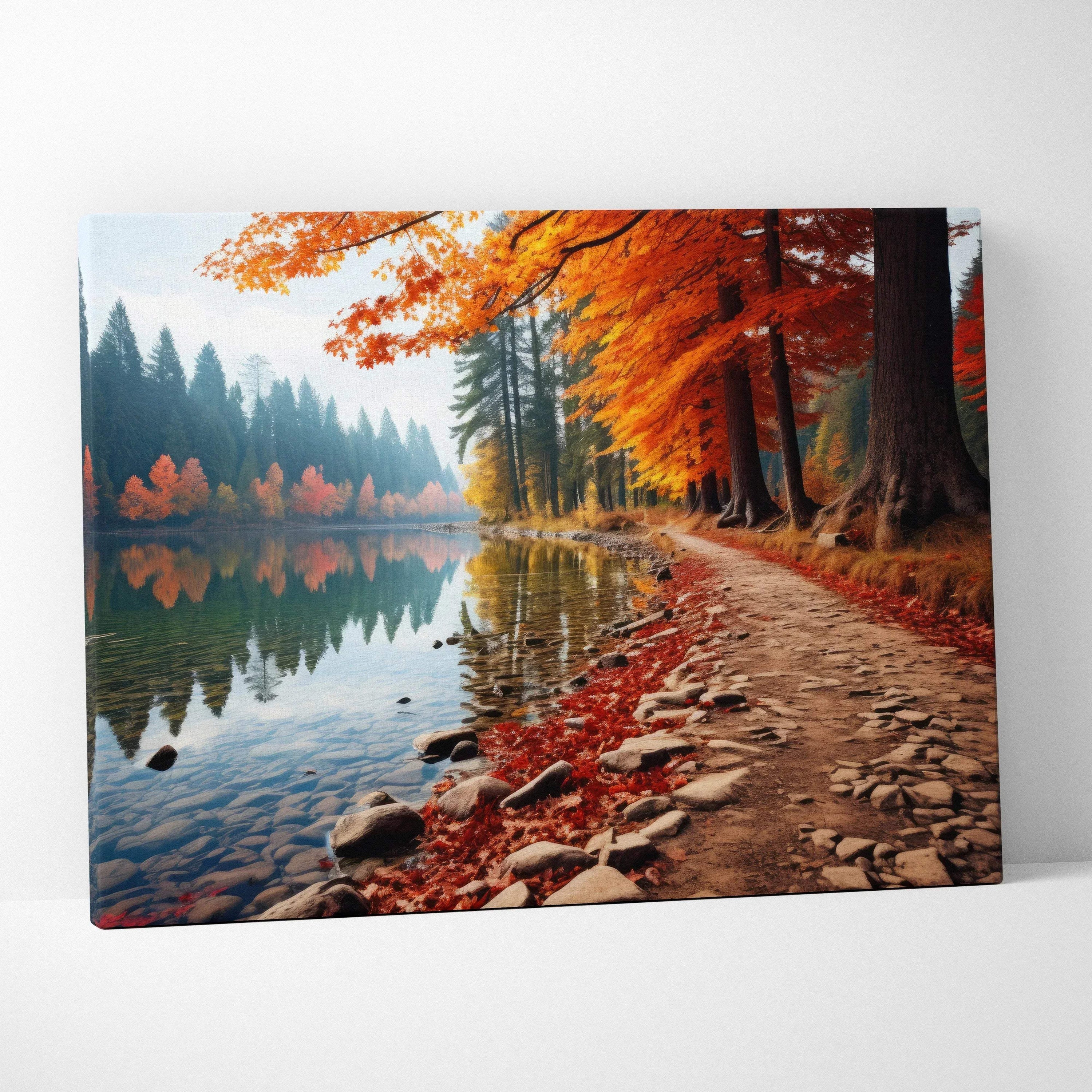 Autumn nature canvas wall art with vibrant red, orange, and gold leaves along lake path.