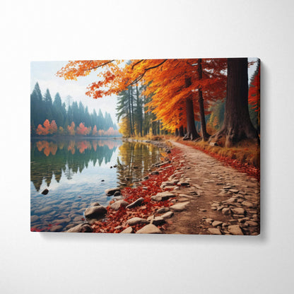 Autumn forest path with vibrant red and gold leaves reflected on lake canvas wall art.