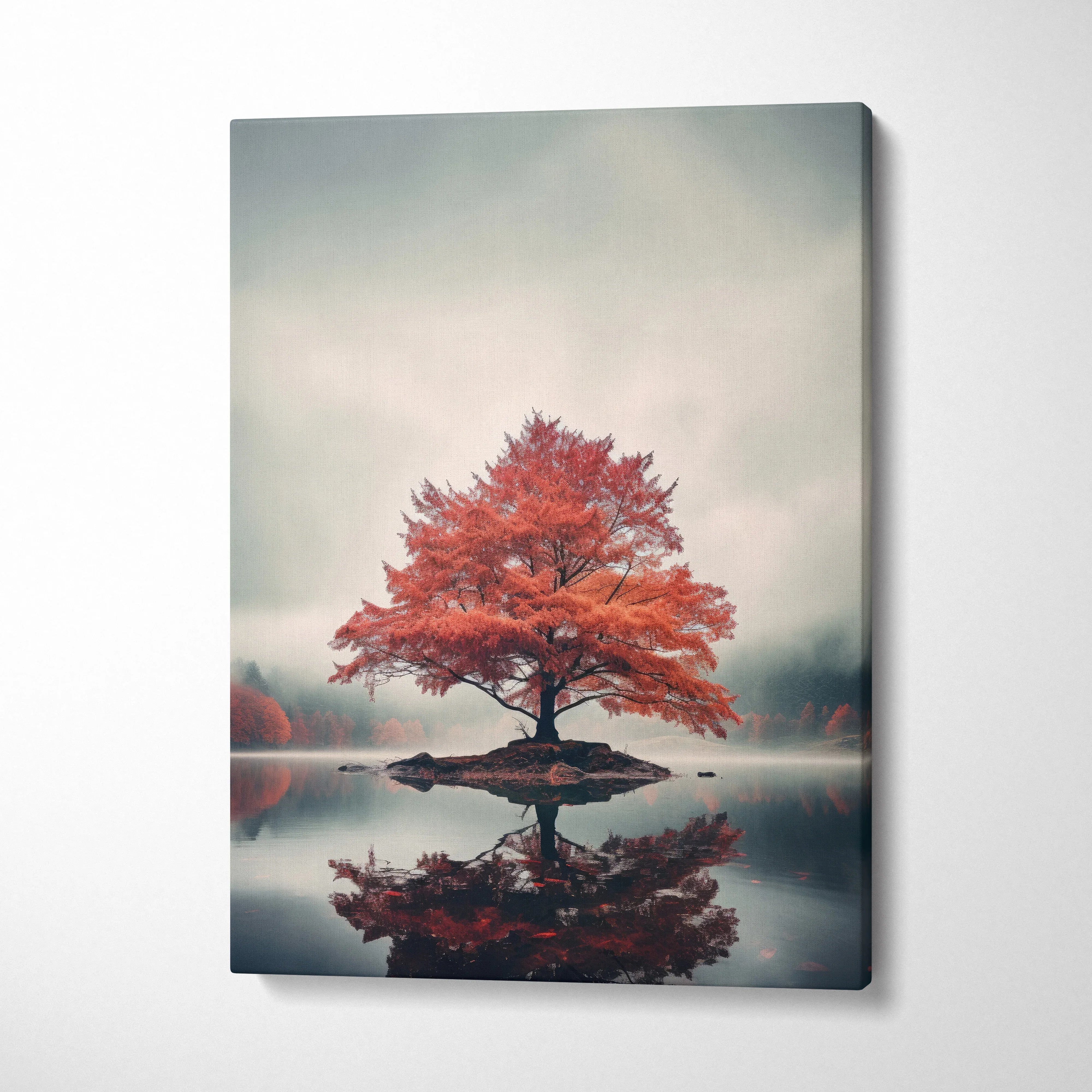 Canvas wall art featuring a solitary tree with vibrant red autumn leaves reflected in calm water.