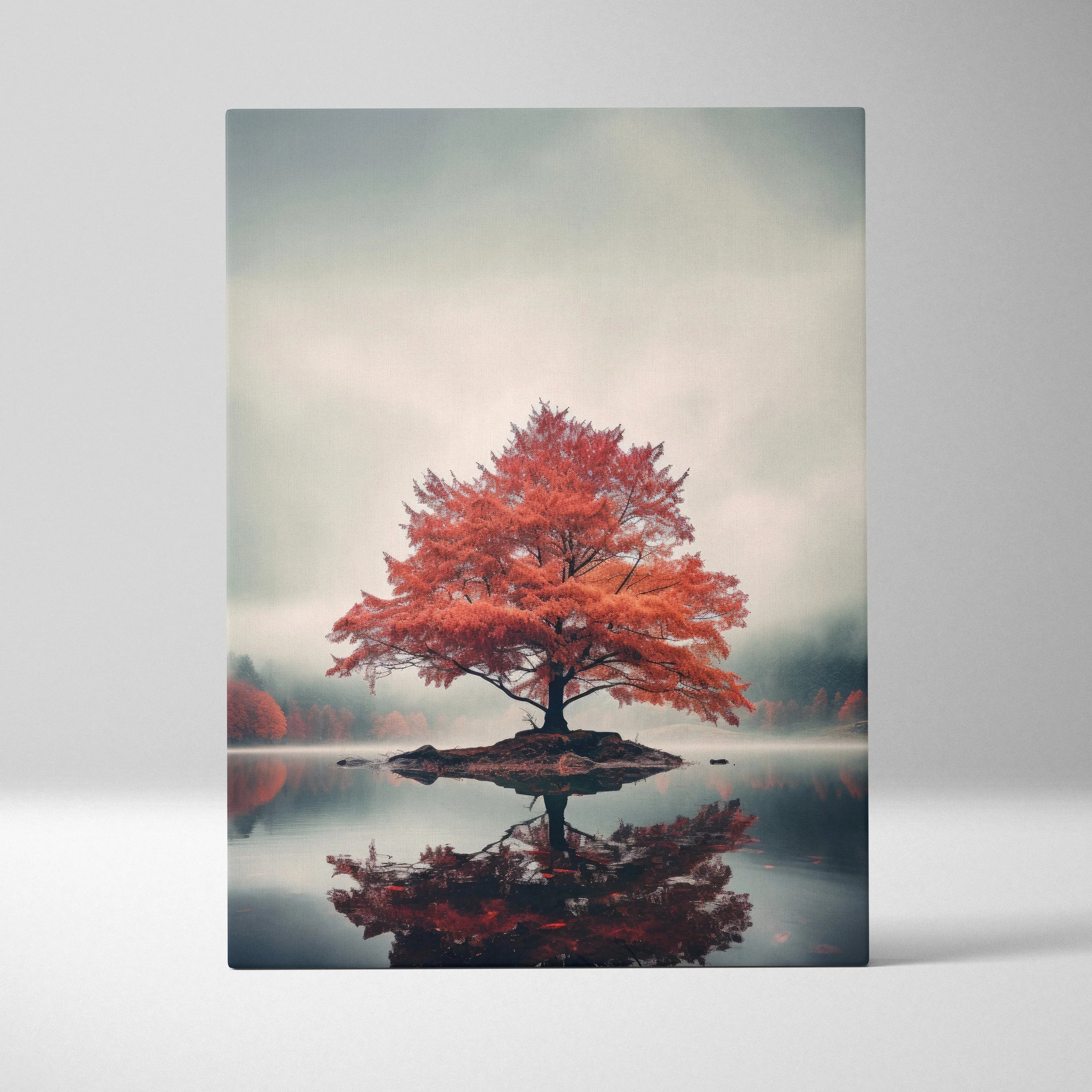 Vertical canvas wall art featuring a vibrant red autumn tree reflected on calm water with a soft cloudy sky background.