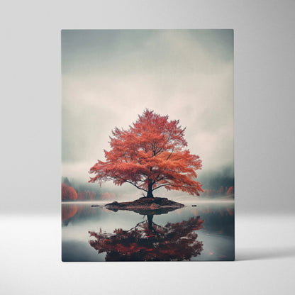 Vertical canvas wall art featuring a vibrant red autumn tree reflected on calm water with a soft cloudy sky background.